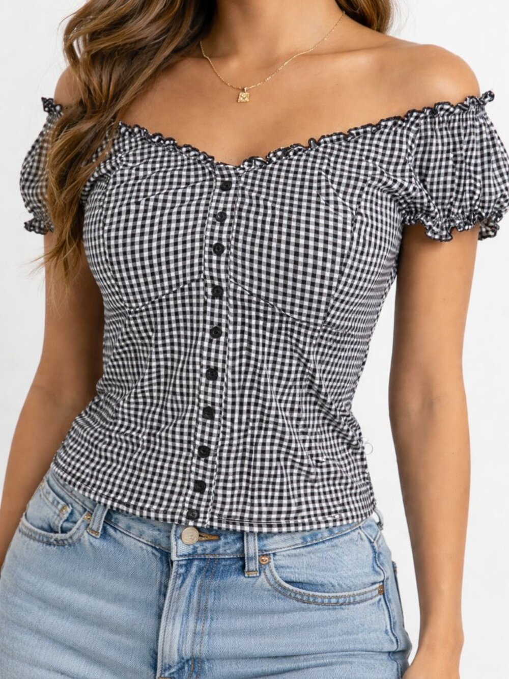 Gingham Off Shoulder Peasant Blouse Euro Summer Puff Sleeve Fitted Ruched XS